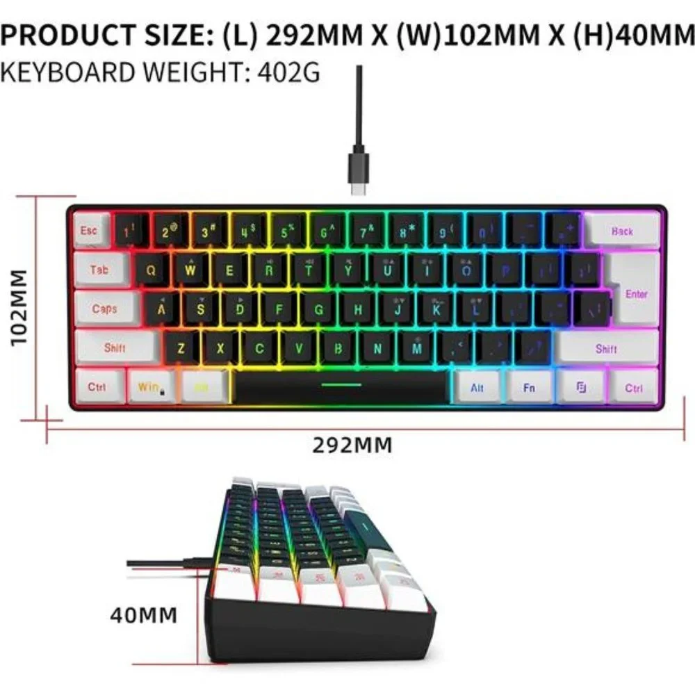 60% Wired Gaming Keyboard, Small RGB Backlit Membrane Gaming Keyboard
